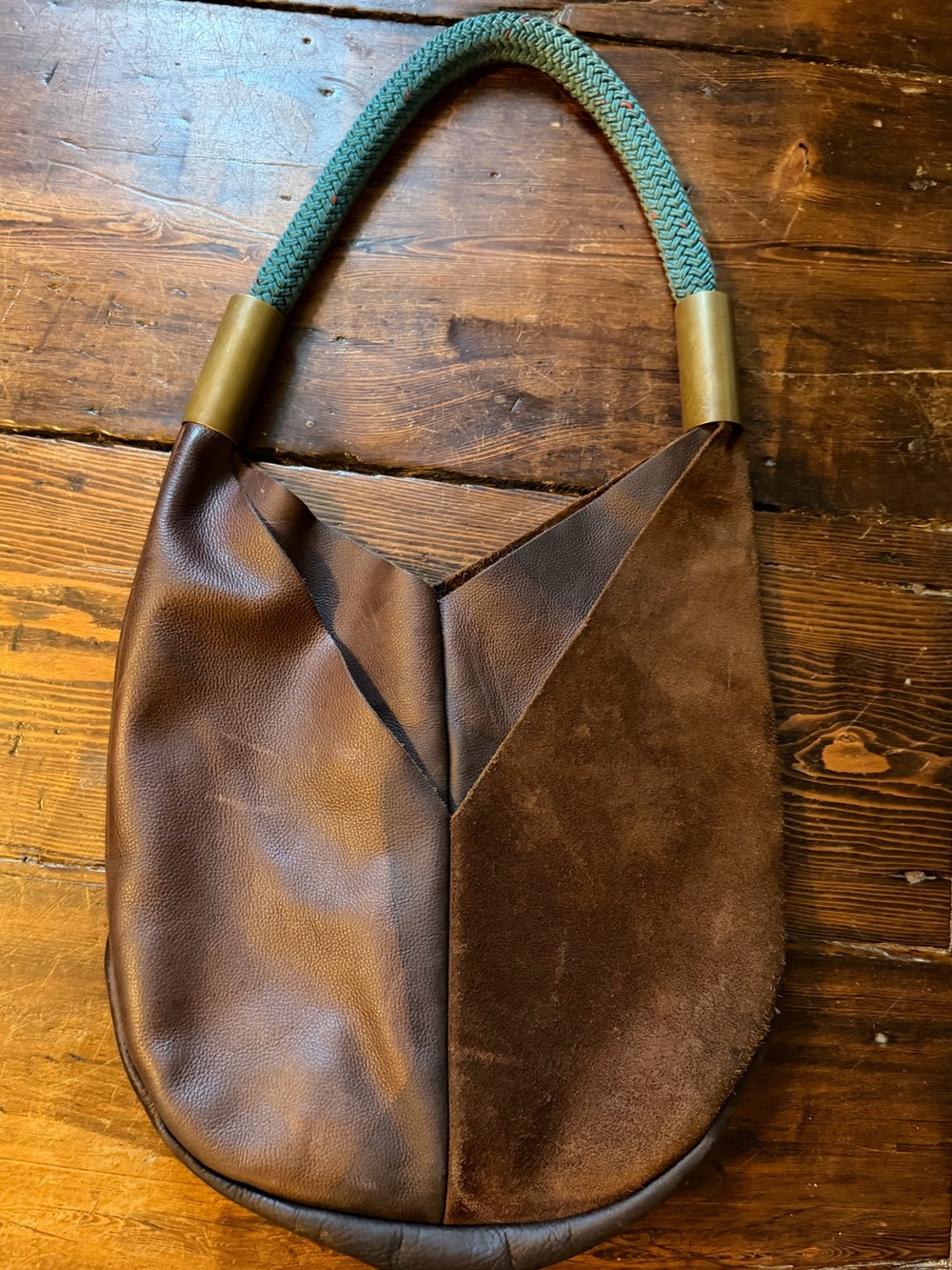 WILDWOOD OYSTER CO Brown Leather and Suede Shoulder Bag Seaside Teal Dock Rope - Picture 10 of 11
